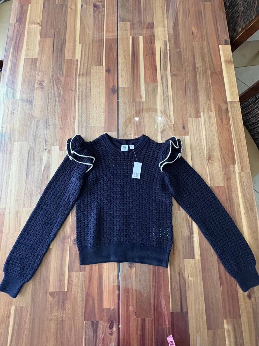NWT Sz L Kids GAP Navy Knit Eyelet Sweater Ruffle Shoulders, Ribbed Cuffs